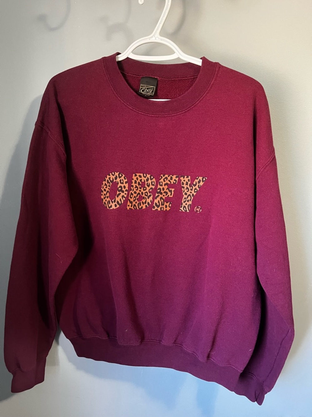 OBEY Crewneck Sweatshirt Maroon with Leopard Print Logo